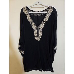 Joie à la Plage Sz Medium Blk  Oversized Embroidered V-neck 3/4 Sleeve Tunic